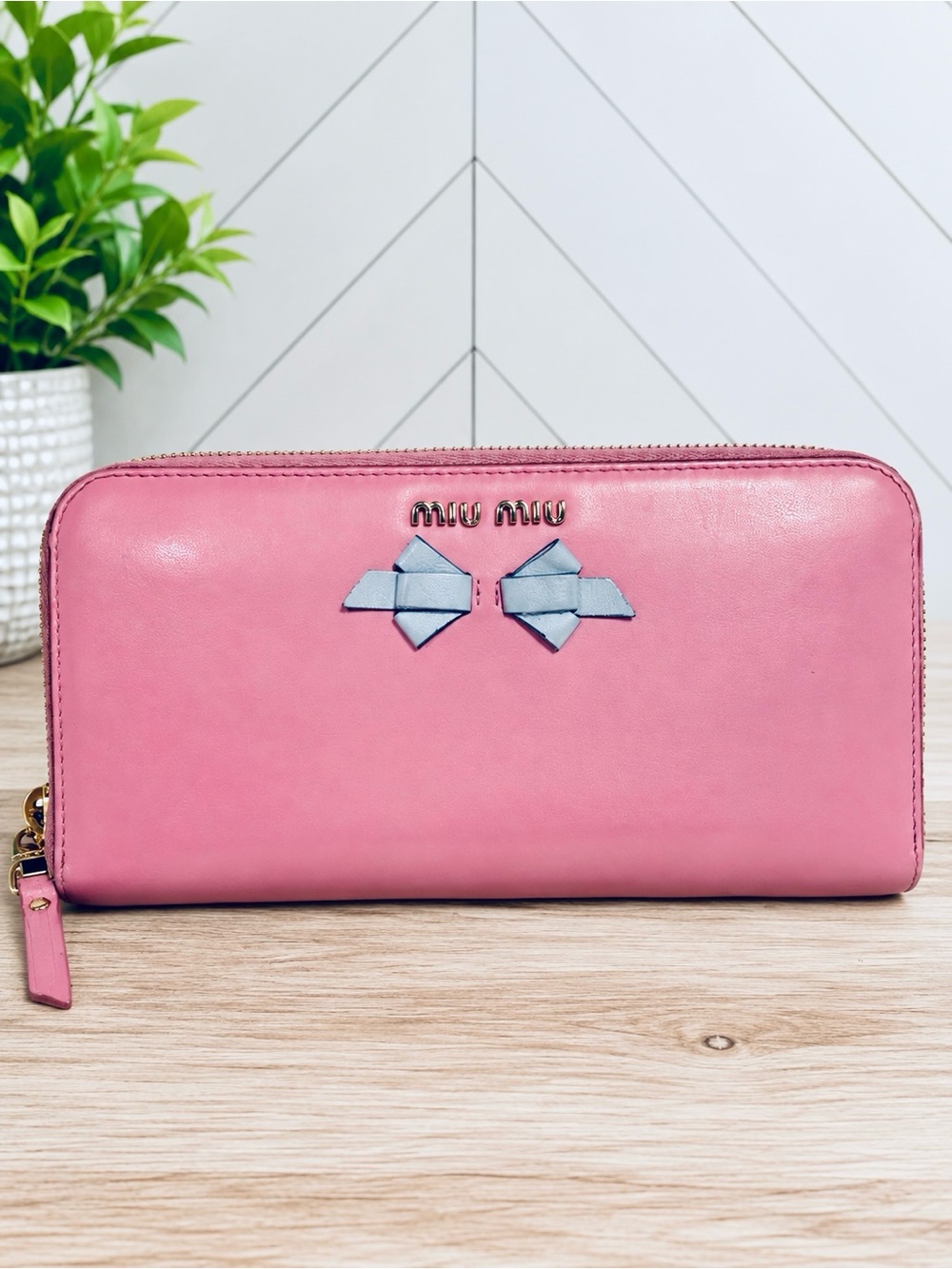 MIU MIU Fiocco Bow Rosa & Blue Zip-Around Long Wallet Leather Made Italy w/ COA